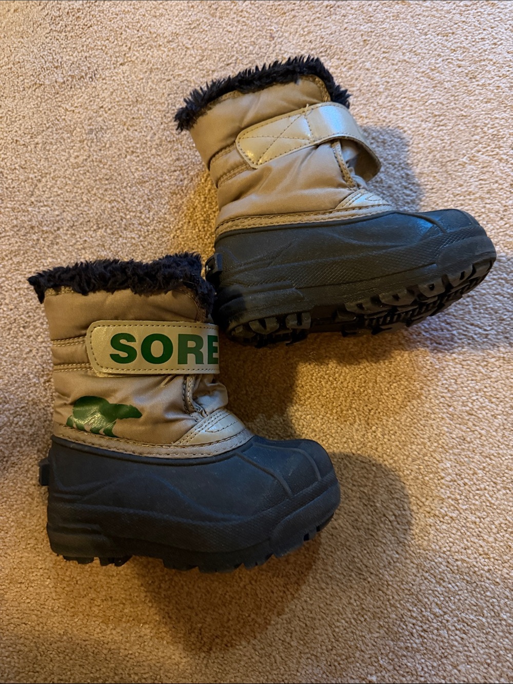 Sorel Kids Tan and Black Winter Boots with Green Logo